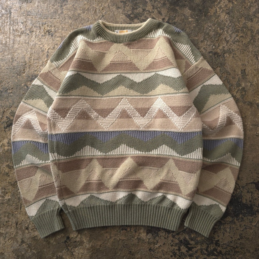 Vintage 90s London Fog Green Tan Geometric Knit Sweater Small